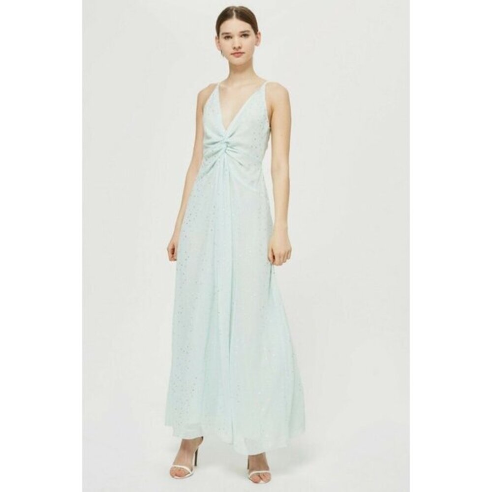 TOPSHOP Dress Mint Green Silver Spot Twist V Neck Maxi Long SZ 8 US NEW